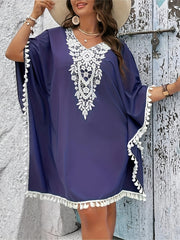  Solid Applique Batwing Sleeve Dress