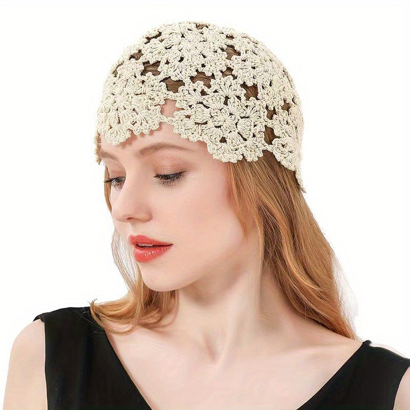 Crochet Beanie Flower Hollow Out Knitted Cloche Skull Cap