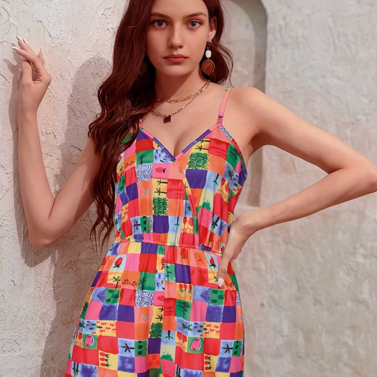 Block & Fruit Print Romper Jumpsuit Casual Sleeveless V neck Women's Clothing