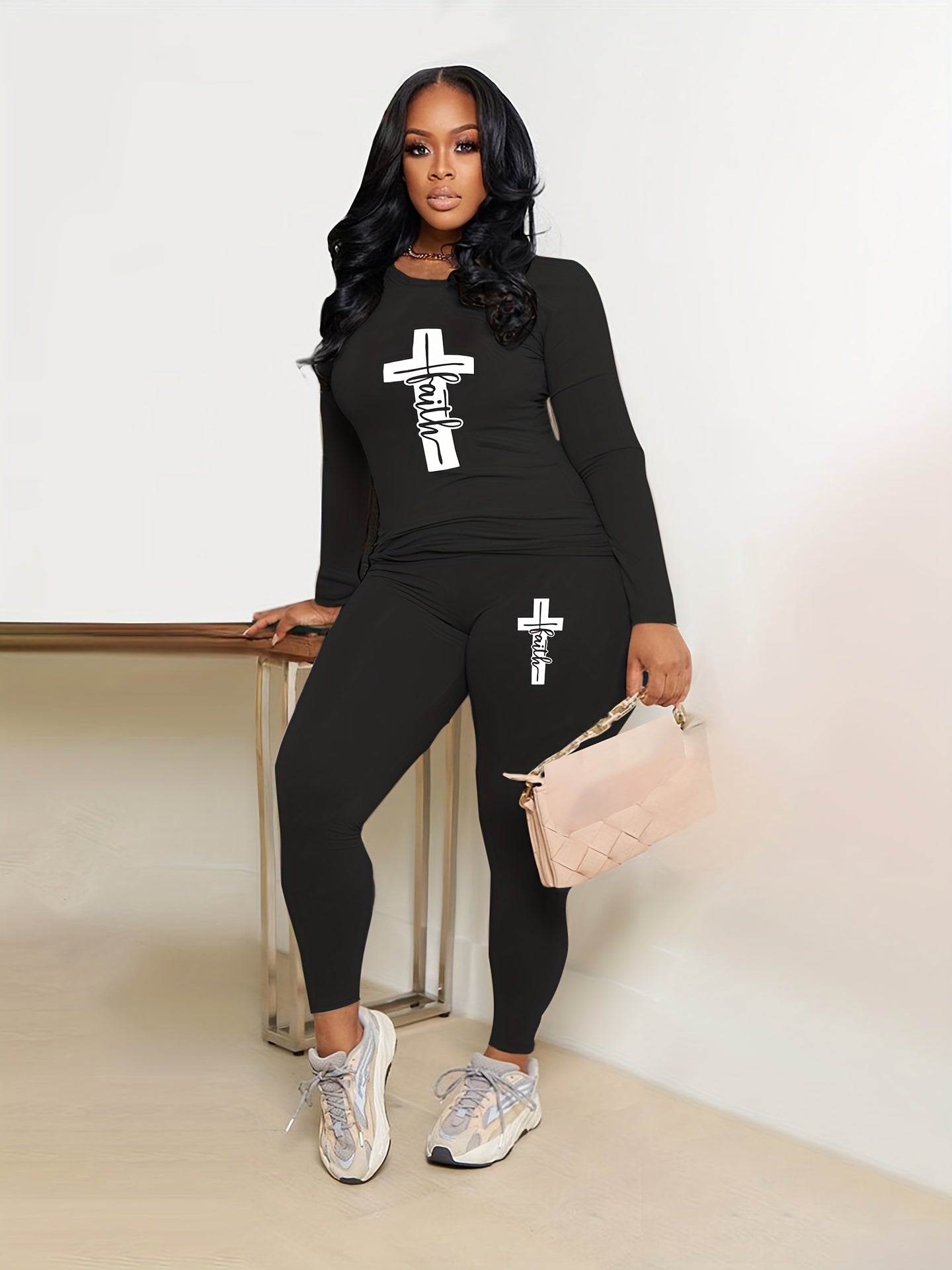 Cross & Letter Print Long Sleeve T-shirt & Leggings Set