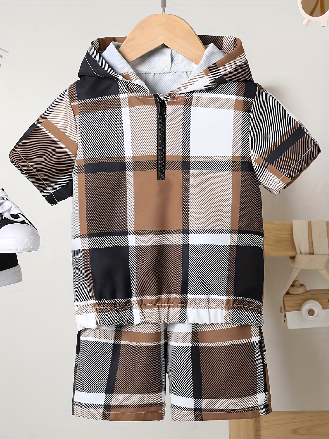 Boys Hooded Plaid T Shirt & Sport Shorts Set for Summer