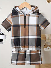 Boys Hooded Plaid T Shirt & Sport Shorts Set for Summer
