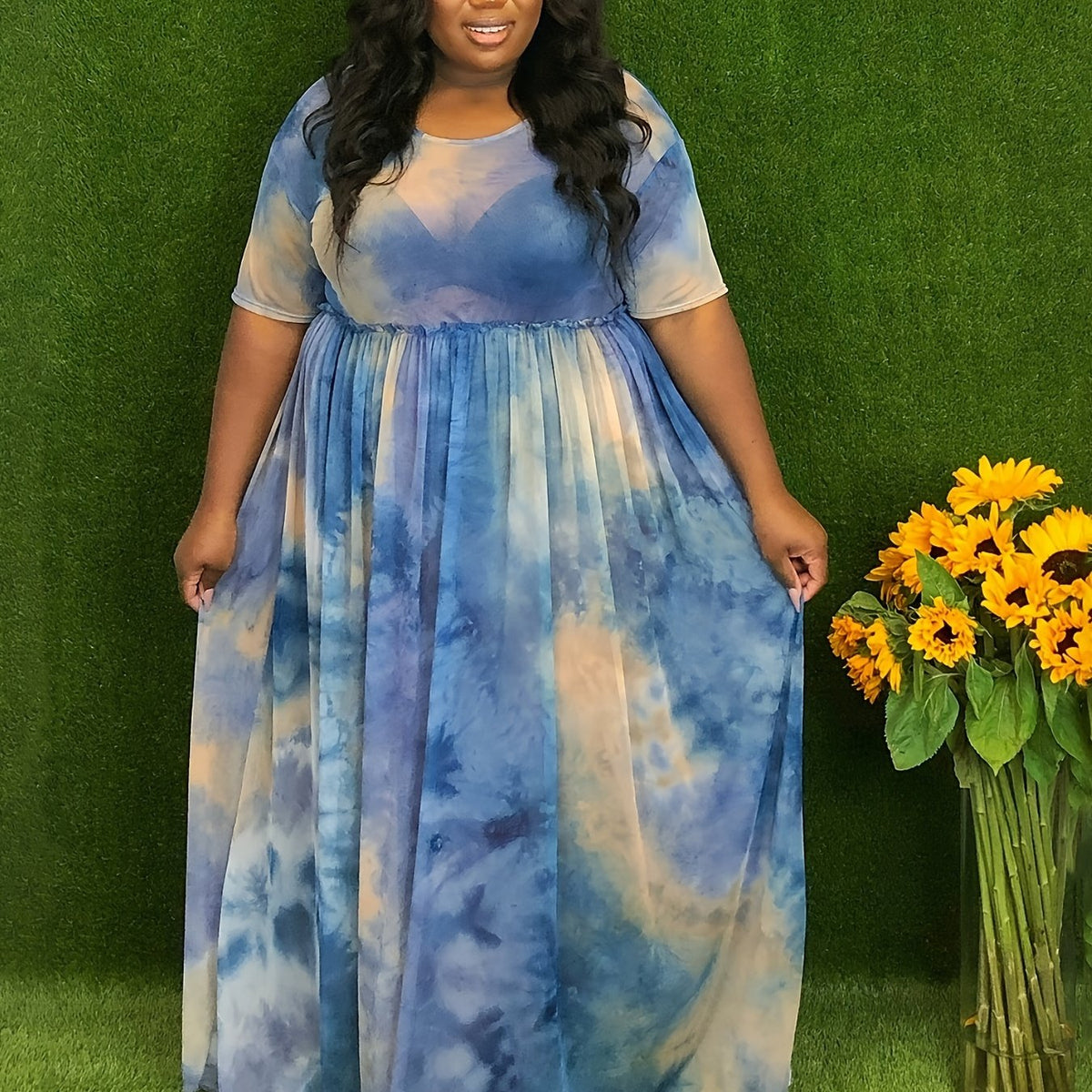  Tie Dye Maxi Dress Round Neck High Stretch