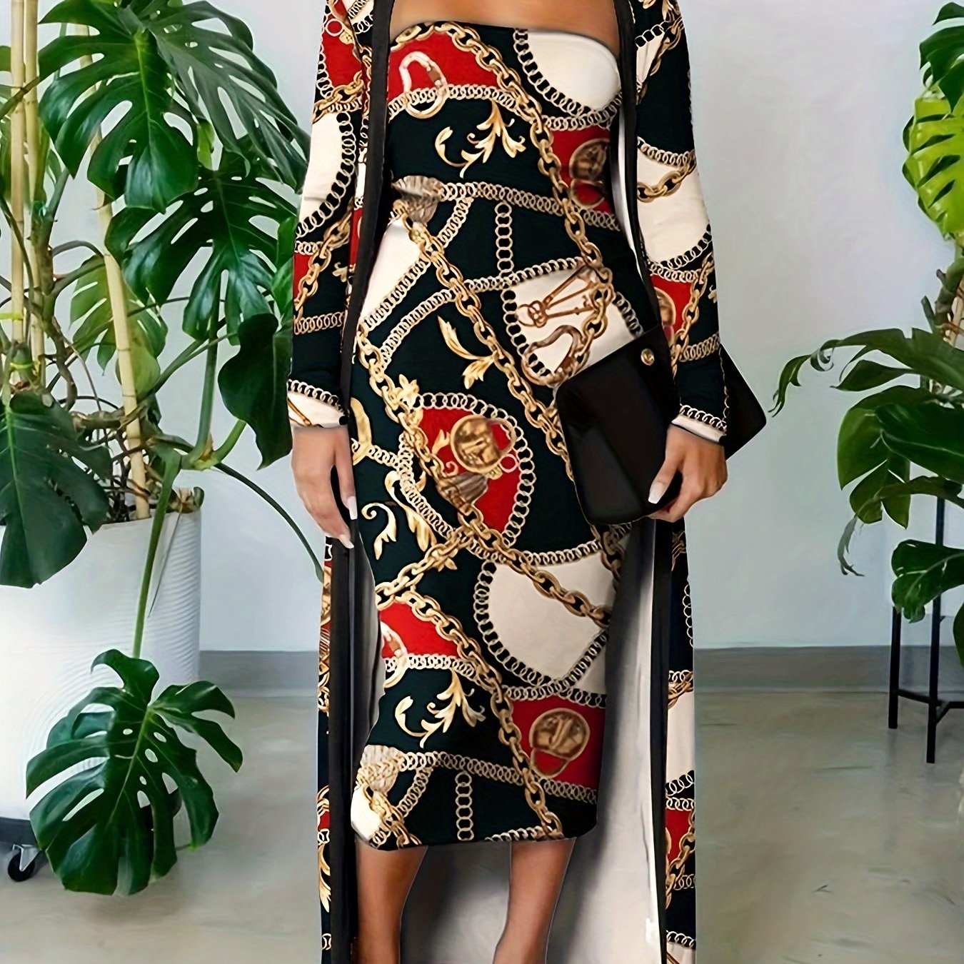 Women's Plus Baroque Print Cardigan & Tube Dress Set