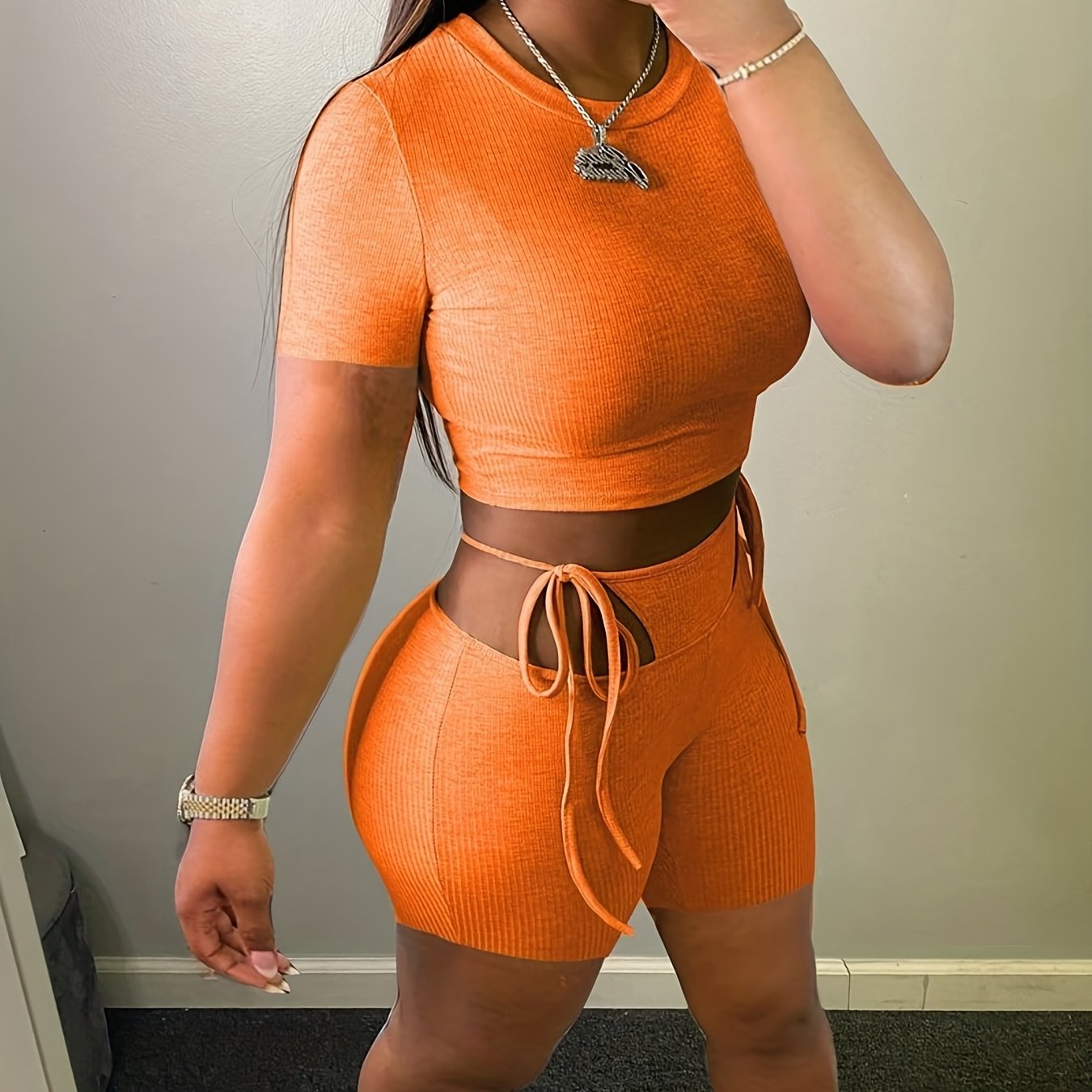  Ribbed Crop Top & Cut Out Tie Shorts Set