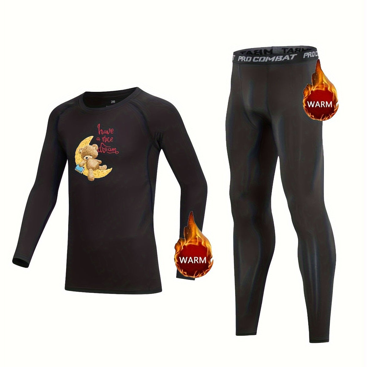 2pcs Kids Compression Fleece Sets Cartoon Crew Neck Pullover & Pants