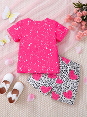 Girls Dancing Girl Graphic T Shirt & Heart Leopard Shorts Set