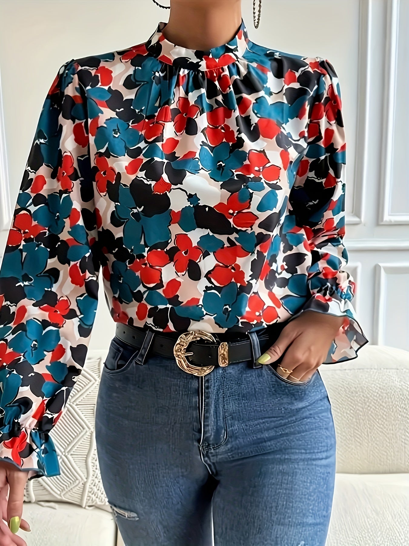  Women's Floral Print Lantern Sleeve Blouse