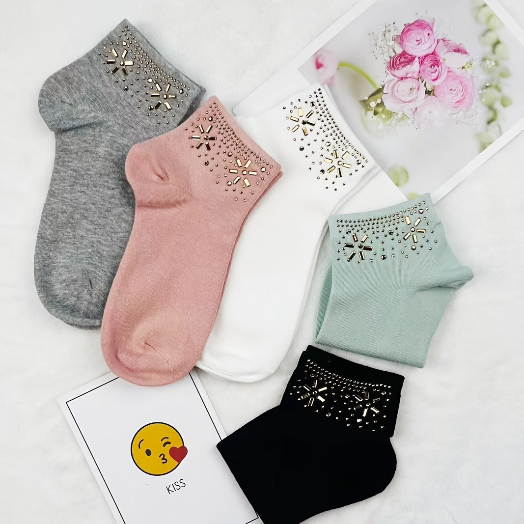 5 Pairs Rhinestone Crew Socks - Women's Stockings
