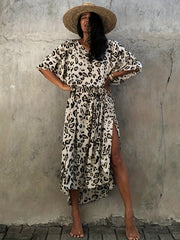  Boho Cover Up Leopard Print Batwing Sleeve V Neck Maxi