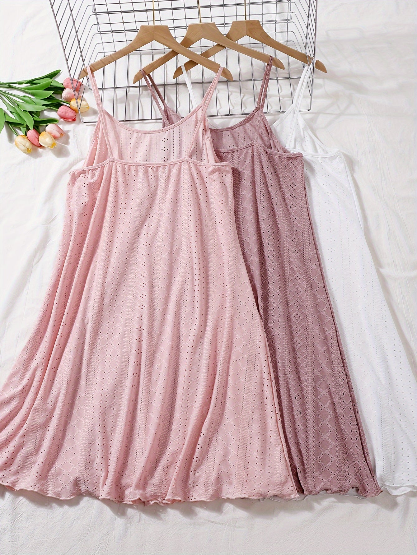 3 Pcs Eyelet Embroidered Lounge Dresses Crew Neck Home Dress