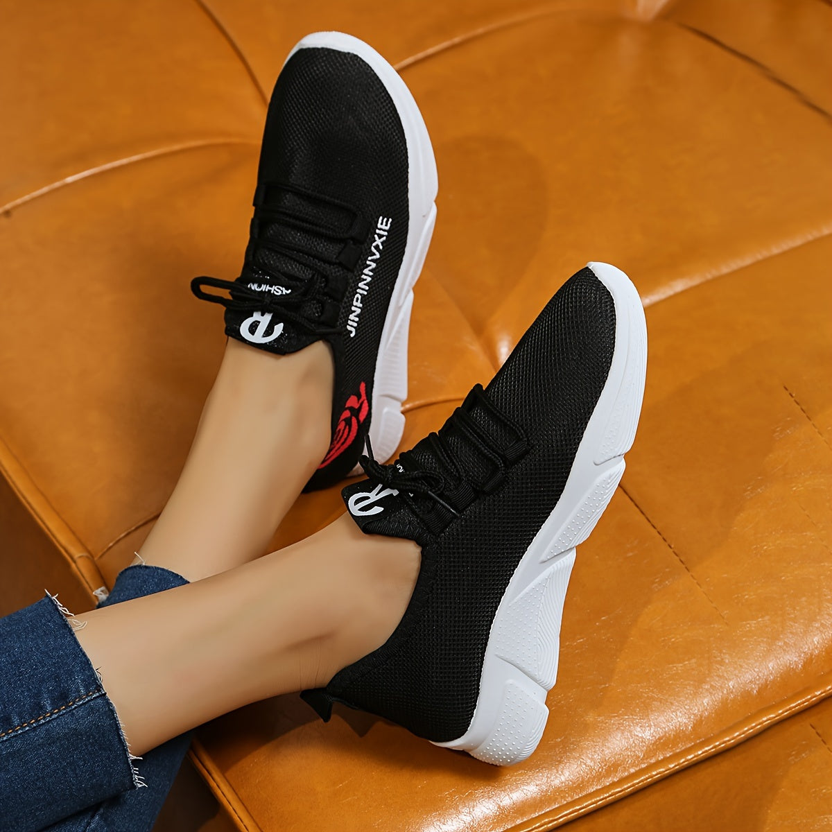 Women's Rose & Letter Mesh Running Shoes Lace up Sneakers