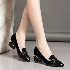 Women's Buckle Strap Chunky Heels Pointed Toe Pumps