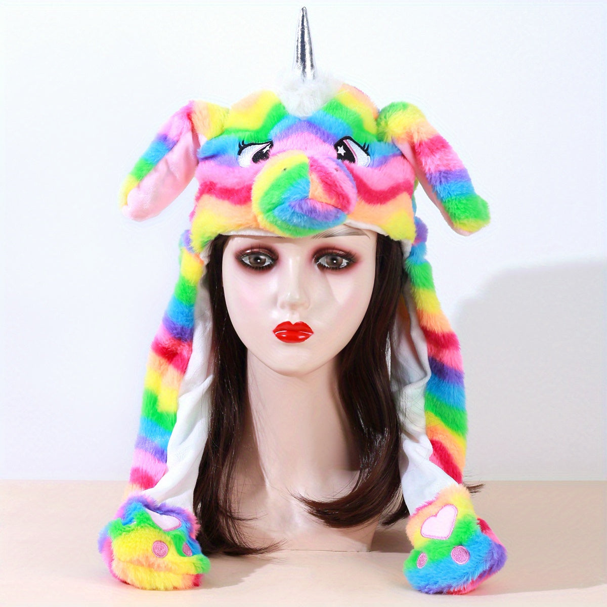 Colorful Unicorn Cartoon Hoodie Hat Warm Hooded Scarf Animal Ear Plush Hat Glove