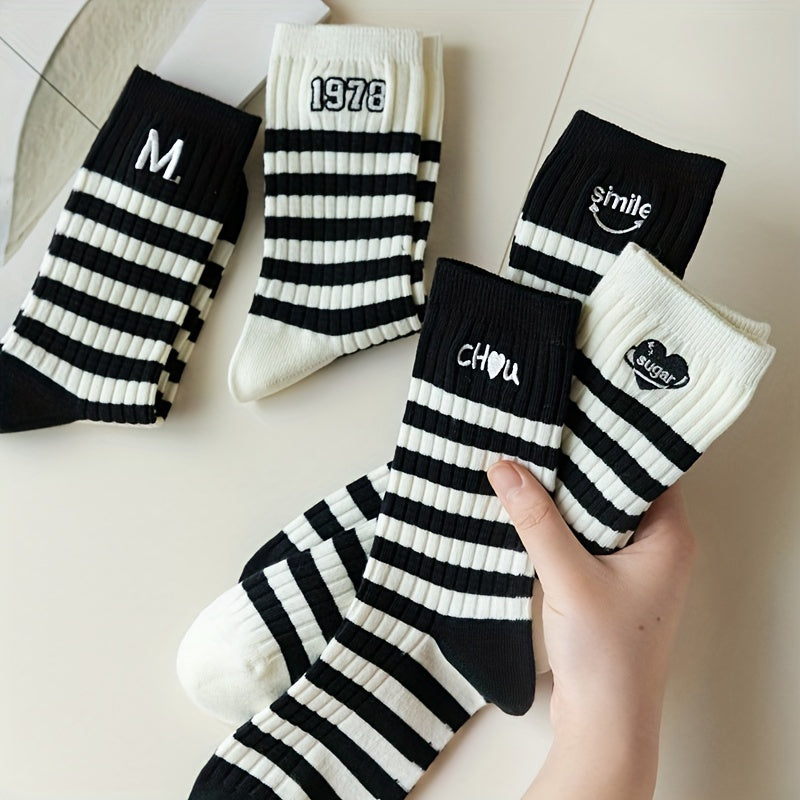 5 Pairs Striped Crew Socks Women's Stockings & Hosiery