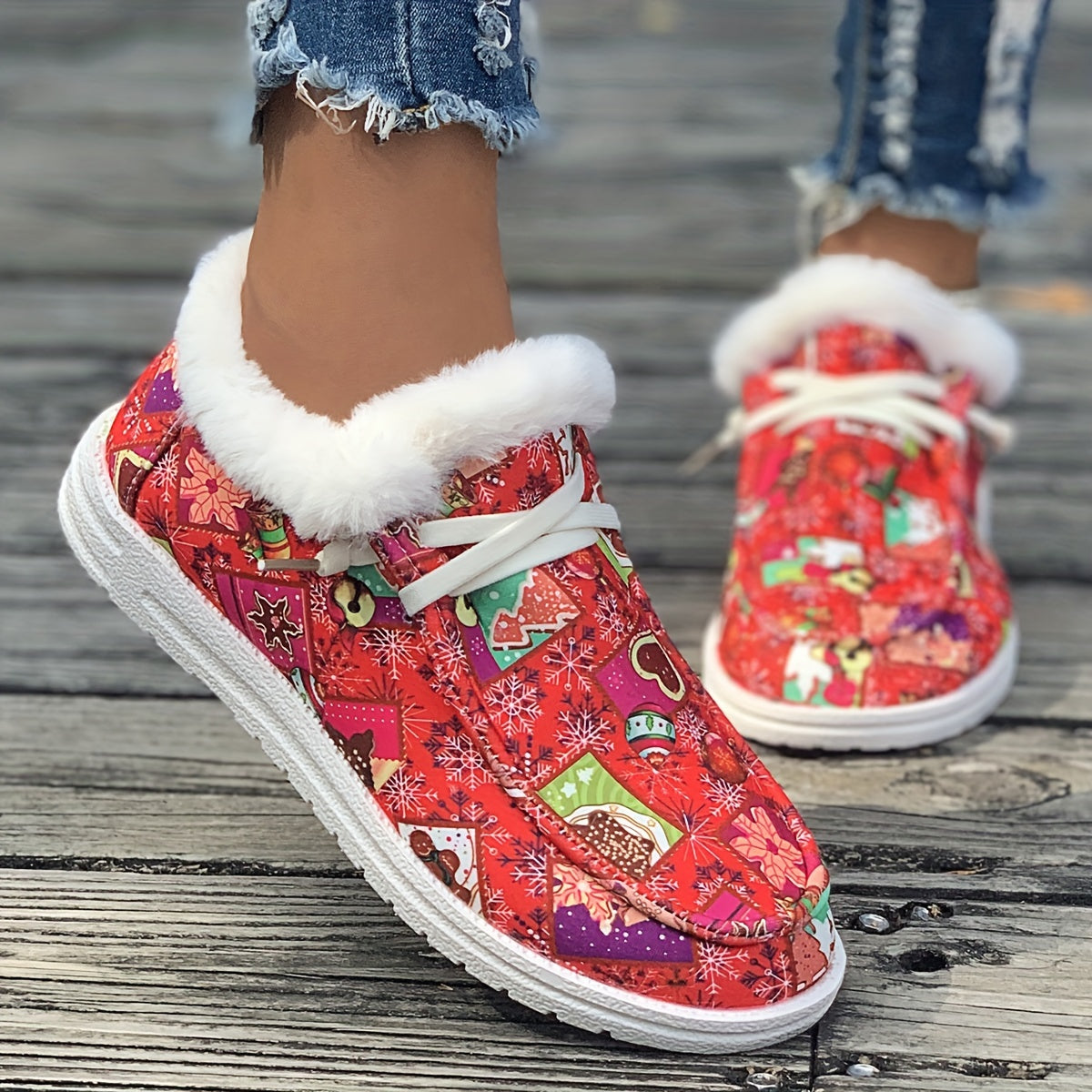 Women's Christmas Style Snow Boots Winter Plus Plush Warm Flat Lace up Shoes