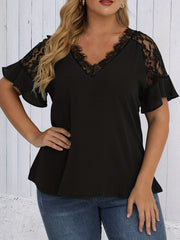  Solid Lace Ruffle Trim Bell Sleeve V Neck Top