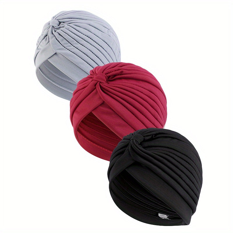 3pcs Turban Cap Pleated Head Wrap Elastic Beanie Head Scarf Chemo Hats