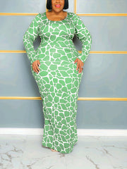  Giraffe Print Long Sleeve Maxi Dress