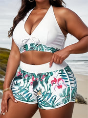  Tropical Print Bikini Set Halter Top & Shorts Swimsuit