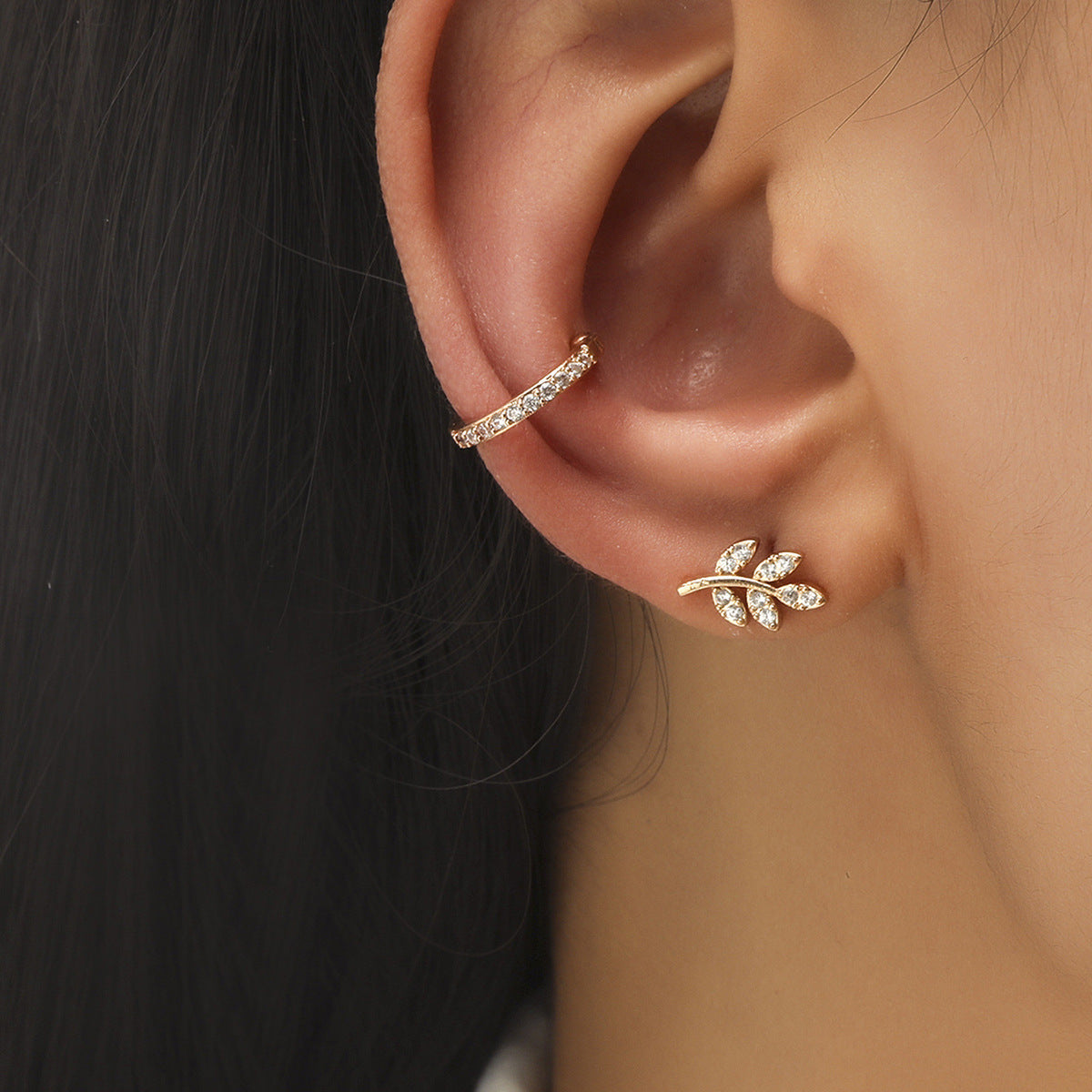 Star Leaf Flower Pearl Zircon Stud Earrings for One Ear