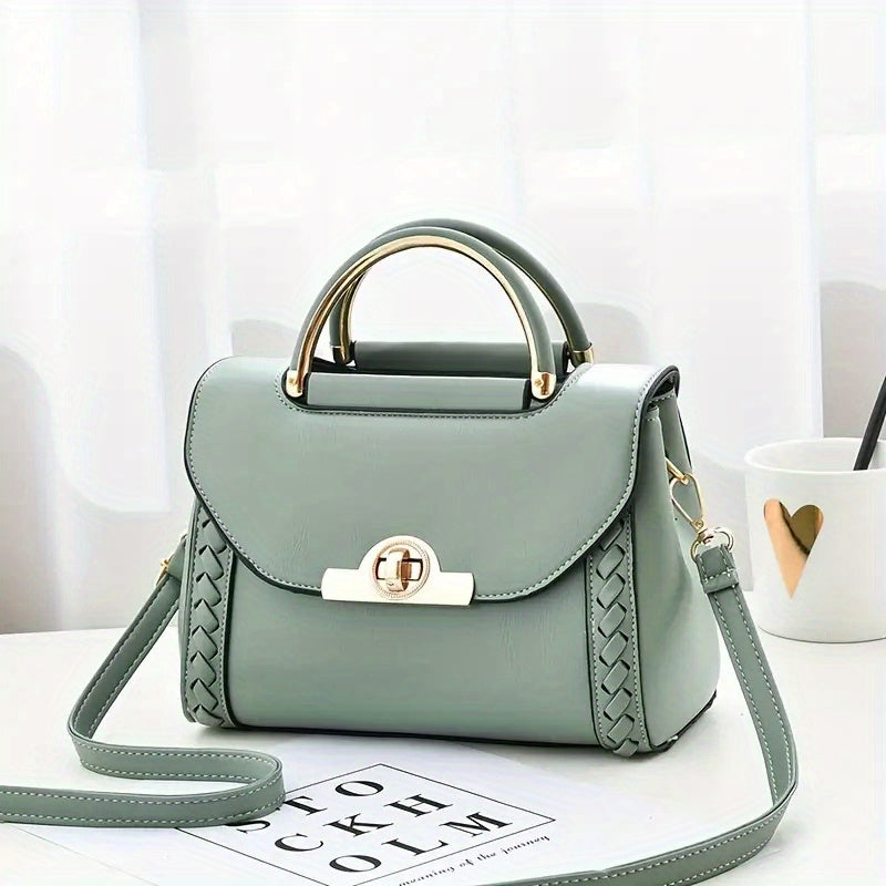 Top Handle Shoulder Bag Turn Lock PU Leather Handbag