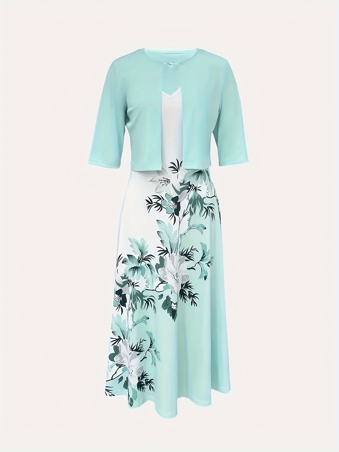  Colorblock Floral Print V Neck Tank Dress & Half Sleeve Coat Set