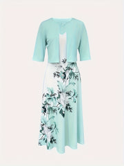  Colorblock Floral Print V Neck Tank Dress & Half Sleeve Coat Set