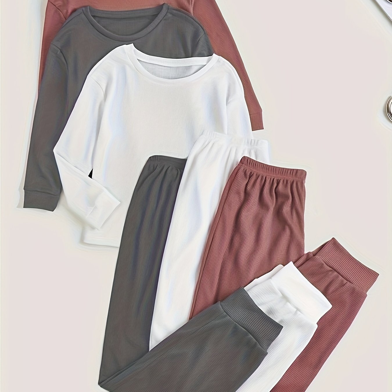 Solid Ribbed Lounge Set Long Sleeve Crew Neck Top & Elastic Waistband Pants