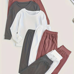 Solid Ribbed Lounge Set Long Sleeve Crew Neck Top & Elastic Waistband Pants