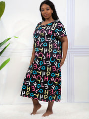  Casual Loungewear Dress Colorful Letter Print Short Sleeve Nightdress
