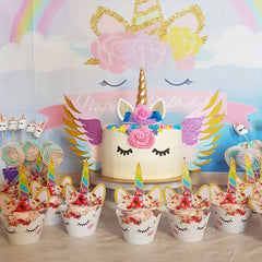 Unicorn Cup Cake Toppers & Wrappers Rainbow Liners, Girl Birthday Party Supplies