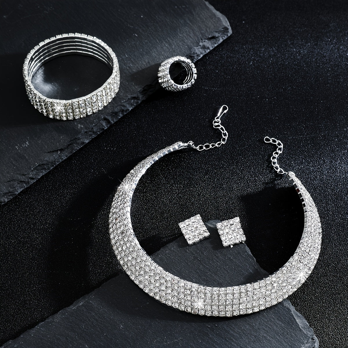 Rhinestone Crystal Jewelry Set: Choker Necklace, Earrings, Bracelet & Ring