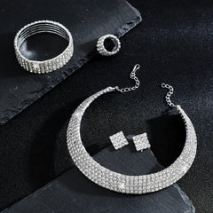 Rhinestone Crystal Jewelry Set: Choker Necklace, Earrings, Bracelet & Ring