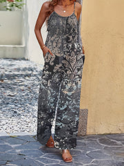 Boho Floral Print Jumpsuit Vintage Sleeveless Long Length Wide Leg Jumpsuit
