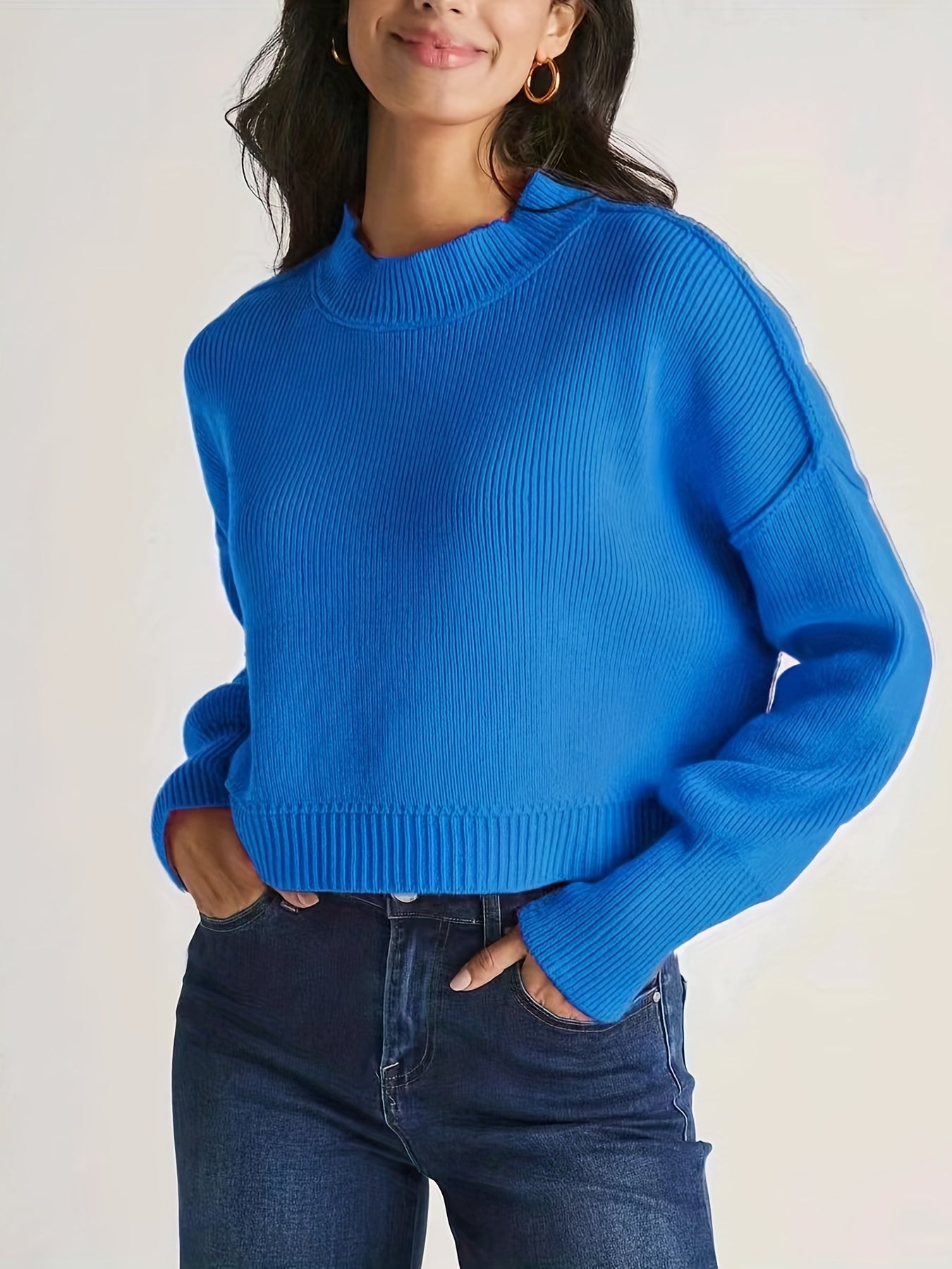  Solid Long Sleeve Crew Neck Sweater