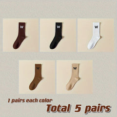 5 Pairs Letter Print Socks Breathable Women's Mid Tube Stockings