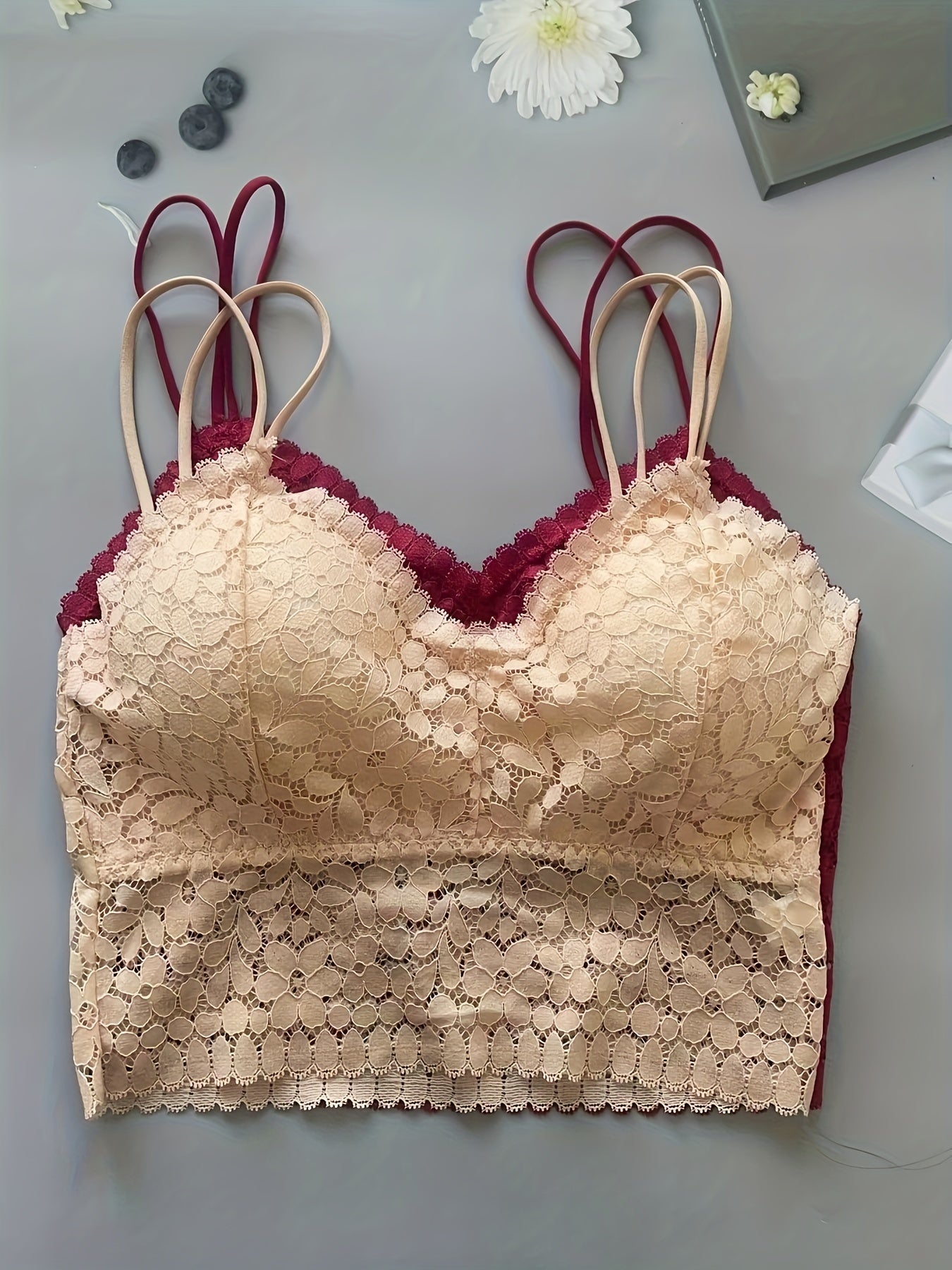 2pcs Lace Wireless Bras Comfy Breathable Double Straps Women's Lingerie