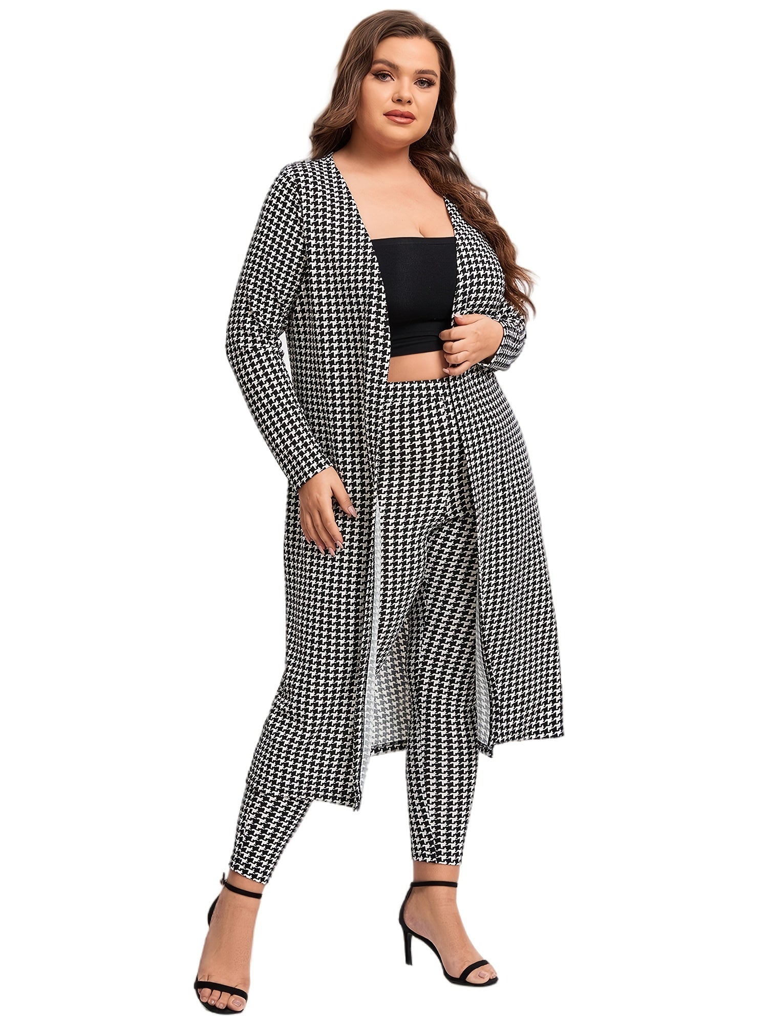  Houndstooth Print Cardigan & Skinny Pants Set