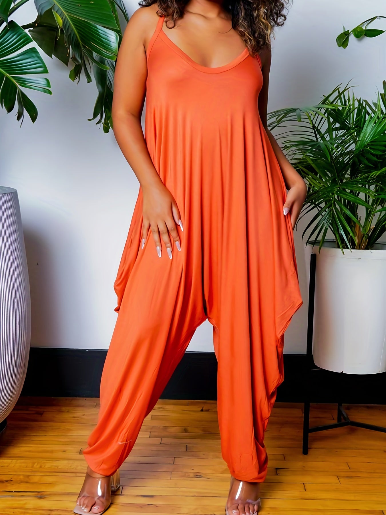  Casual Cami Jumpsuit Solid V Neck Drop Crotch Harem Cami Jumpsuit