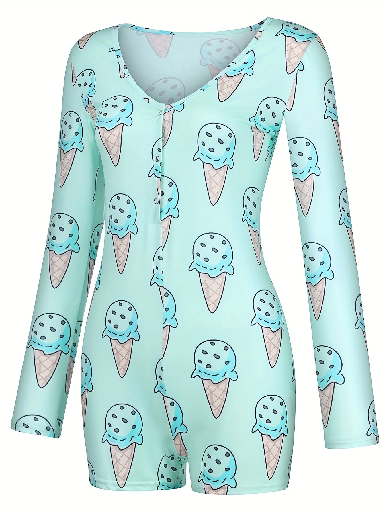 Ice Cream Print Romper Jumpsuit Long Sleeve Sexy Women's Clothing