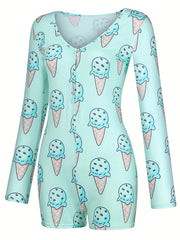 Ice Cream Print Romper Jumpsuit Long Sleeve Sexy Women's Clothing