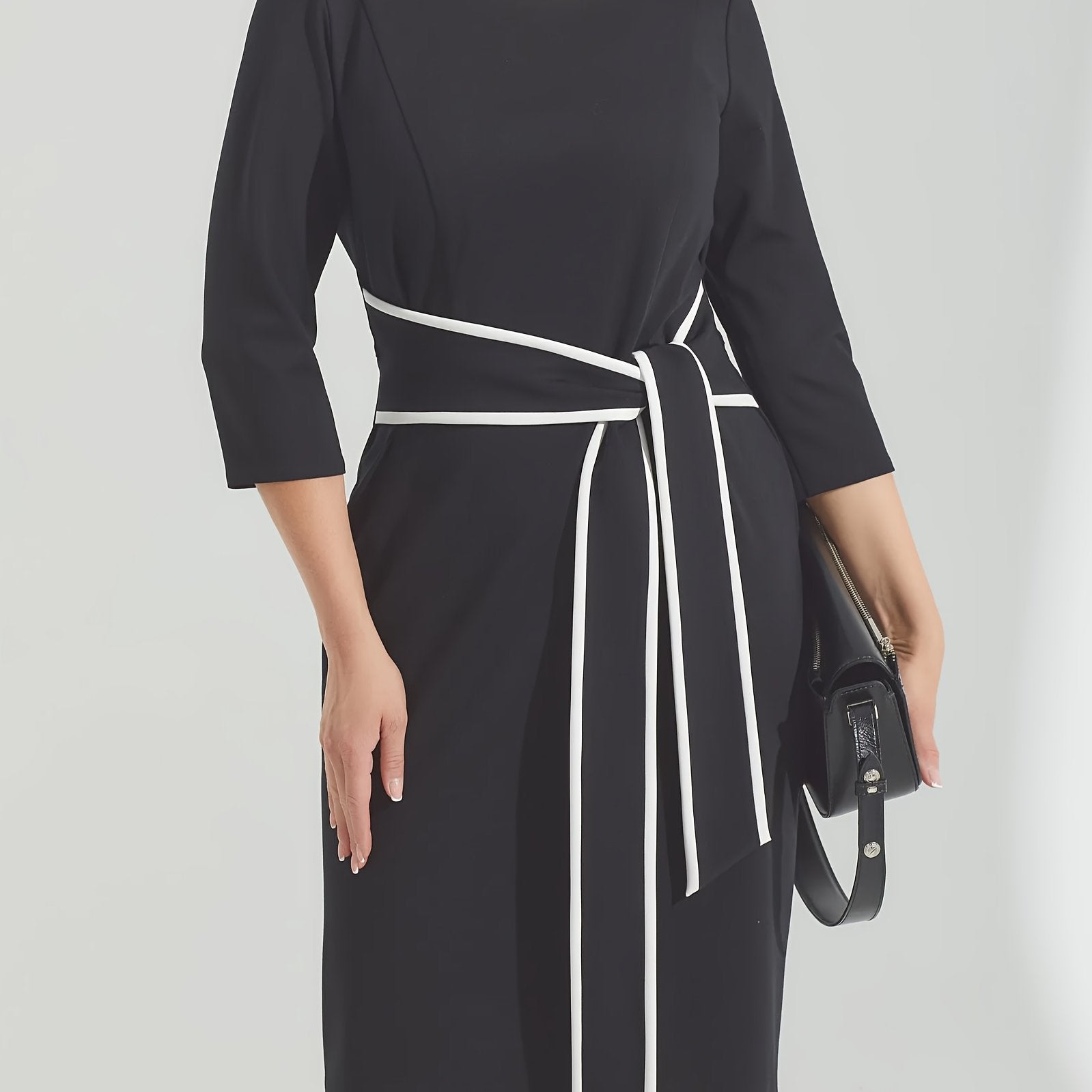  Colorblock Half Sleeve Belted Dress