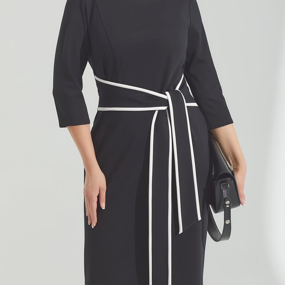  Colorblock Half Sleeve Belted Dress