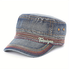 Washed Denim Military Cap Embroidered Army Hat Women Flat Top Cadet Hats