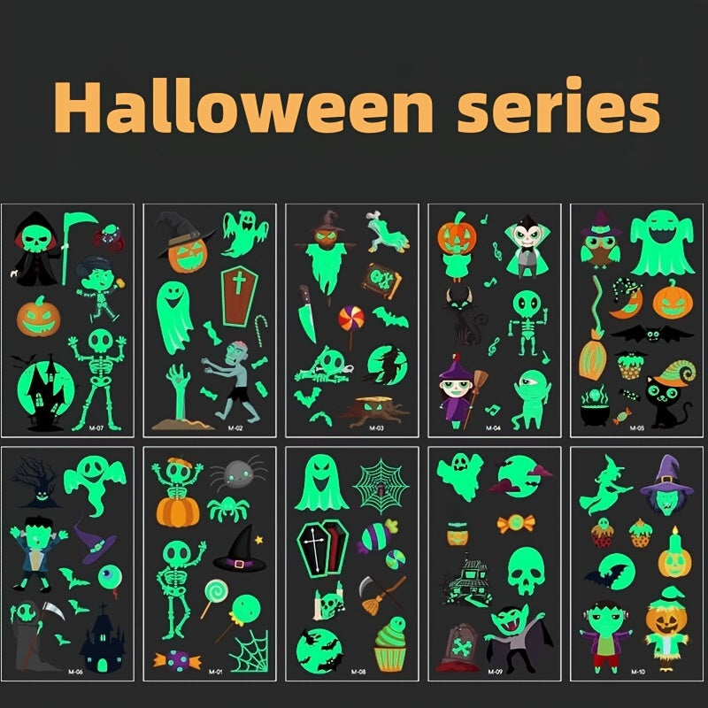 10pcs Halloween Glow Stickers Cartoon Face Temporary Tattoo