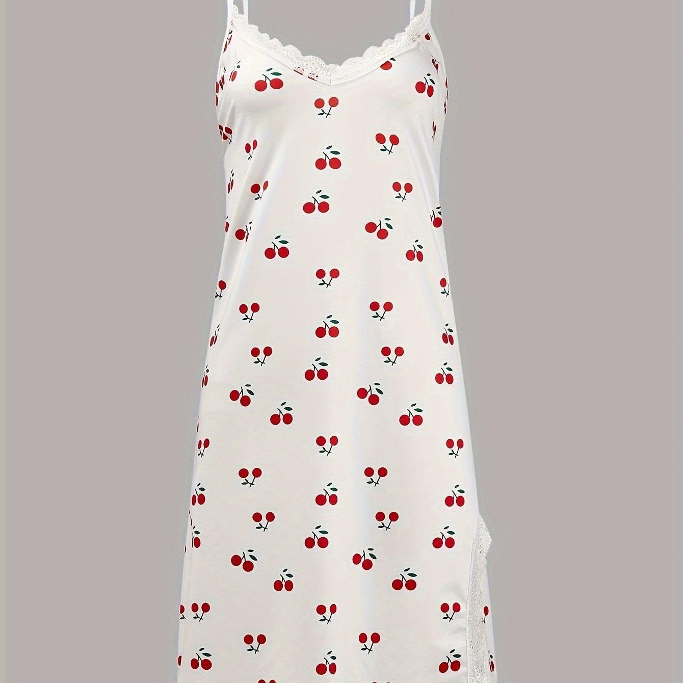  Cherry Print Lace Trim V Neck Cami Sleep Dress