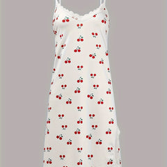  Cherry Print Lace Trim V Neck Cami Sleep Dress