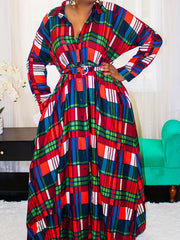  Plaid Print Maxi Shirt Dress with Pockets