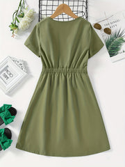 Girls V Neck Button Down Tunic Dress With Pockets